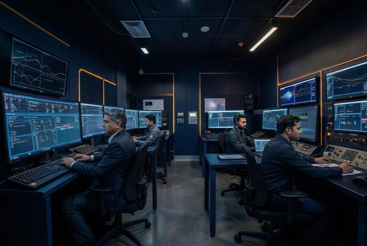 Industrial control room with operators monitoring facility systems